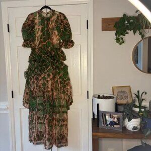 $1450 Ulla Johnson Ophelia Gown Serpentine Size 6 Ruffled Maxi Puff Sleeves Silk